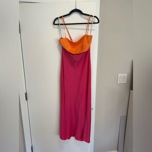 ASOS pink and orange wedding guest dress